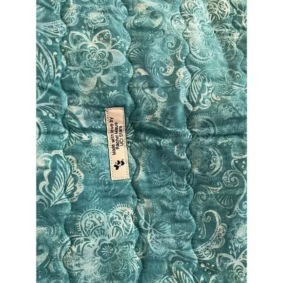 Handmade Batik Quilt, Blue purple teapots stripes floral grapes 47 x 63 Size